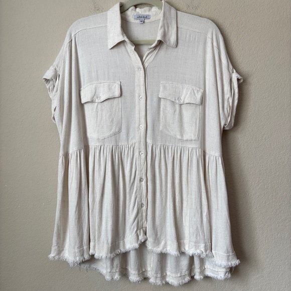 White Birch Linen Cotton Blend Boho Beachy Babydoll Blouse Top - Picture 1 of 12